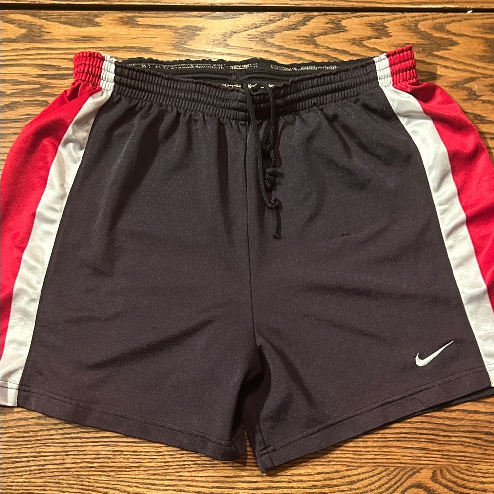 Vintage Nike Men's Black Shorts with Red and White Stripes